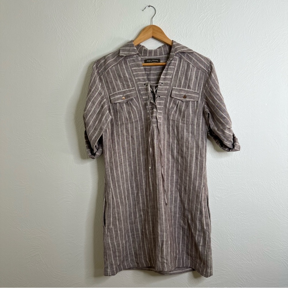 Tommy Bahama Linen Shirt Dress Gray Striped Roll-Tab Sleeve Lace-Up size XS